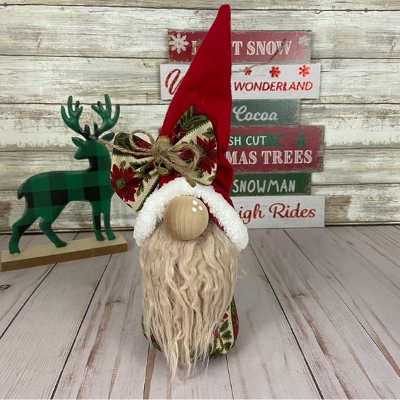 Christmas Gnome Vintage Poinsettia Jingle Bells Flannel Handmade Holiday Rustic - Picture 1 of 12